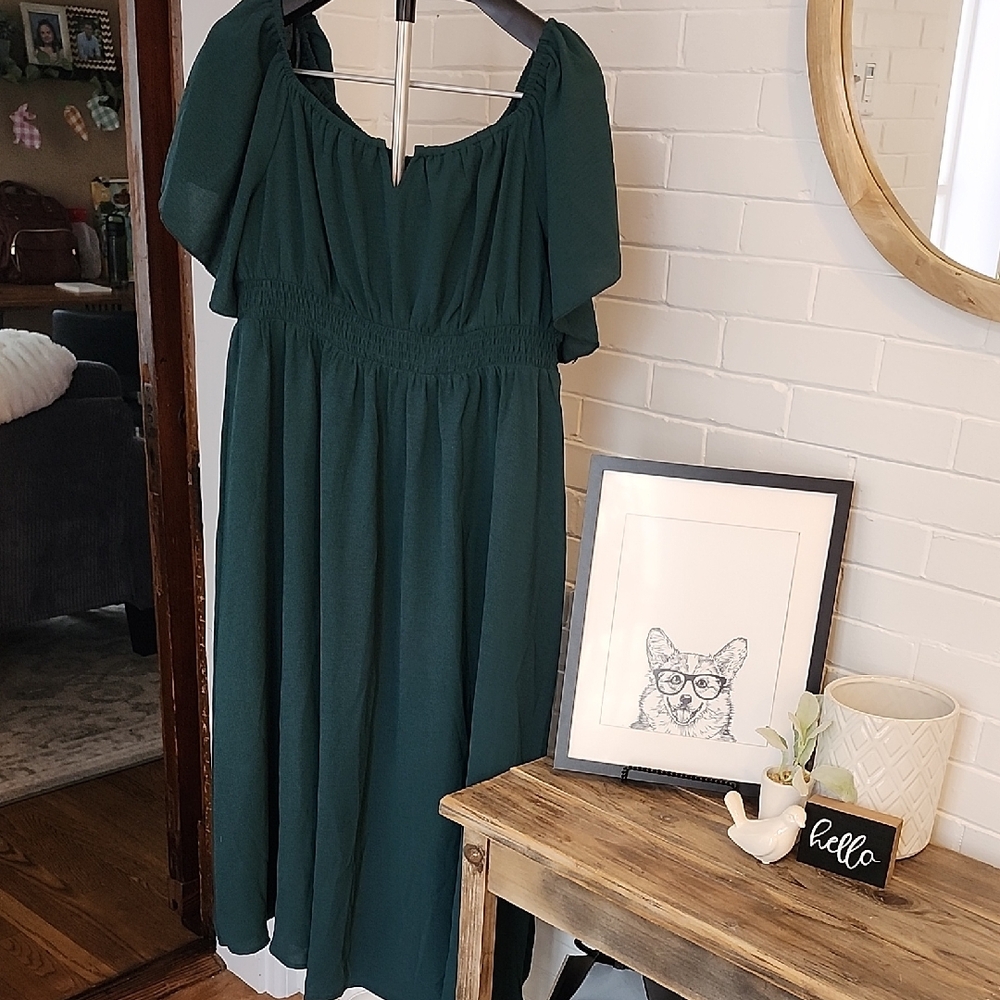 Dark Green Smocked Waist Dress, 2x
